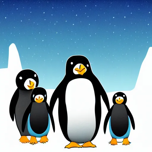 Image similar to A children's cartoon illustration of a penguin family, a mom penguin, dad penguin, an older sister penguin and a baby brother penguin, highly detailed, trending on artstation,