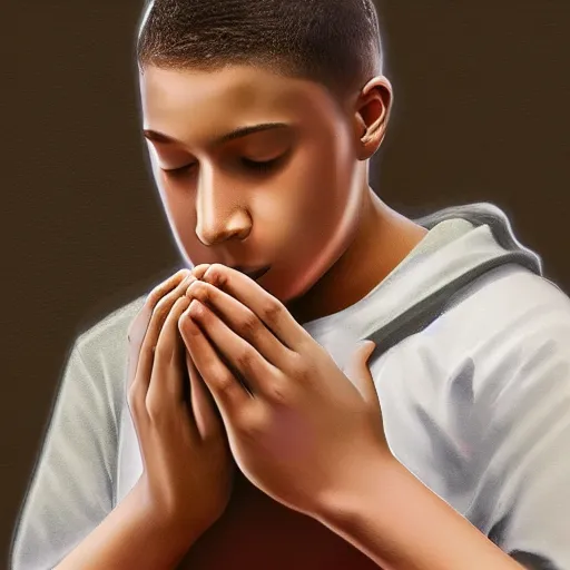 Image similar to a male teenager praying for a divine smartphone in front of him, digital art