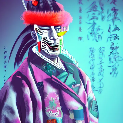 Prompt: a detailed portrait of a fashionable japanese demon wearing a cyberpunk bosozoku outfit the style of william blake and norman rockwell, kubrick, vibrant neon colorscheme, crisp, artstationhd