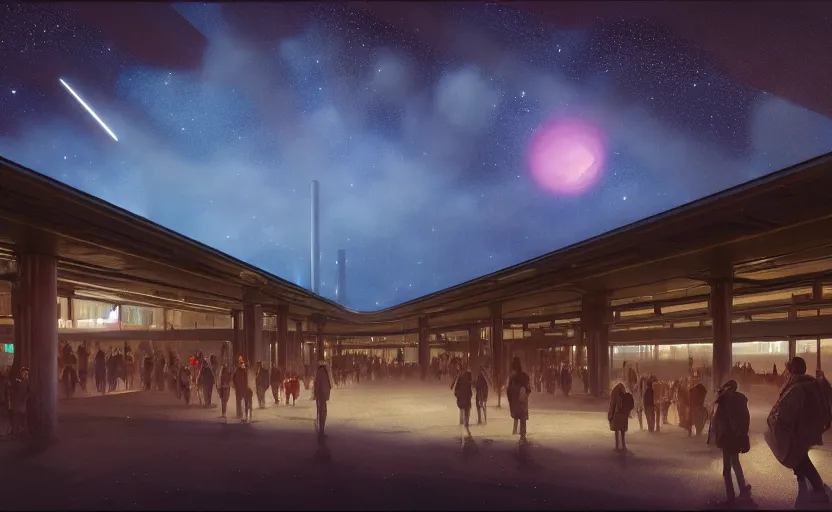 Image similar to exterior shot of utopian train station on in the middle of galaxy with cinematic lighting by peter zumthor and renzo piano, darek zabrocki and greg ruthkowski, simon stalenhag, cinematic, holy place, paradise, scifi, futurism, atmospheric, concept art, artstation, trending on artstation