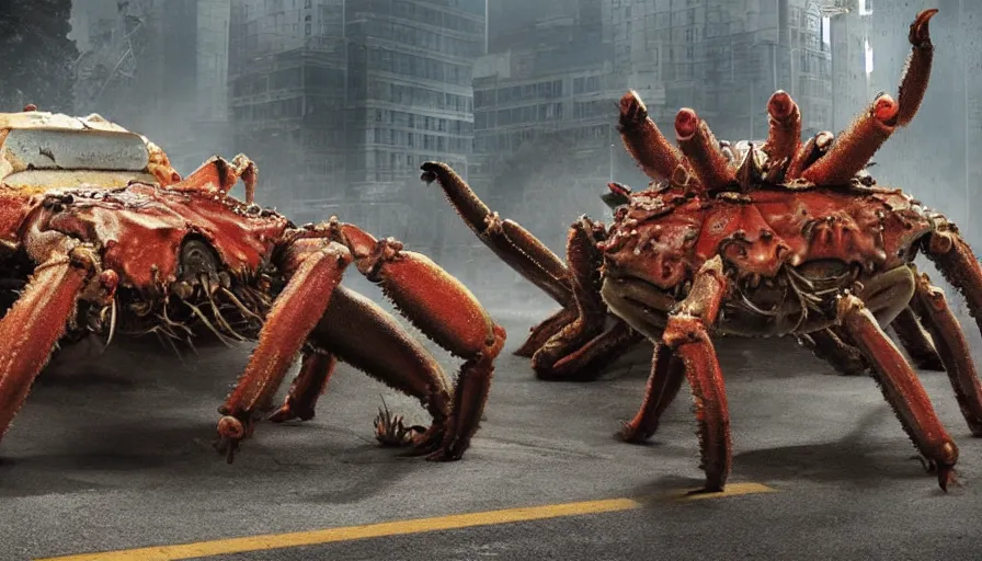 Image similar to big budget horror movie about giant mutant crabs fighting tanks in a city