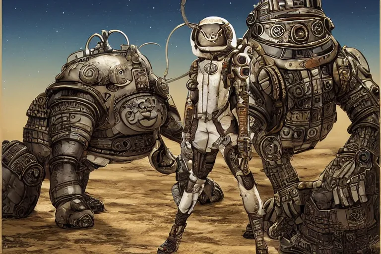 Image similar to anthropomorphic rodent with white and black ancestral ornate japanese tactical gear on an abandonment desert planet, high intricate details, long shot, rule of thirds, golden ratio, graphic novel by fiona staples and dustin nguyen, by beaststars and orange, peter elson, alan bean, studio ghibli, makoto shinkai