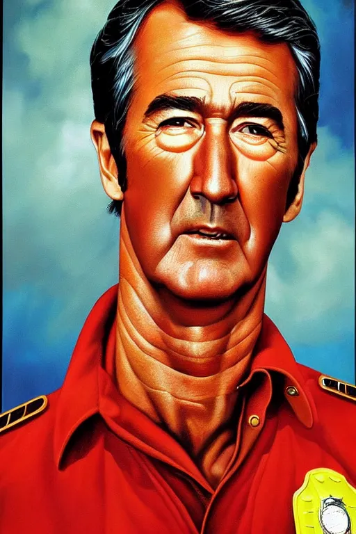 Image similar to hyper realistic painting of randy mantooth as a fire fighter by chuck close and richard corben, very handsome, hyperdetailed, vivid colours, sharp focus, dramatic lighting, exotropia eyes