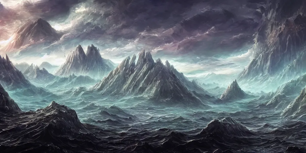 Image similar to The eldritch underwater landscape with mountains in the background, Sci-Fi fantasy desktop wallpaper, painted, 4k, high detail, sharp focus