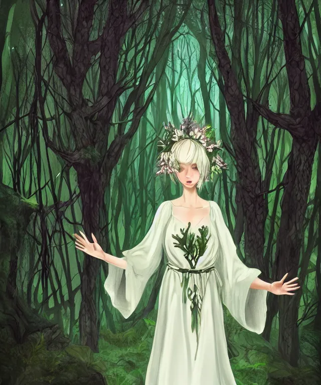 Image similar to young beautiful fey druid woman, full body portrait, white hair, flower crown, dark green robes, intricate, standing in a dark forest, sunbeams, illustration, romanticism