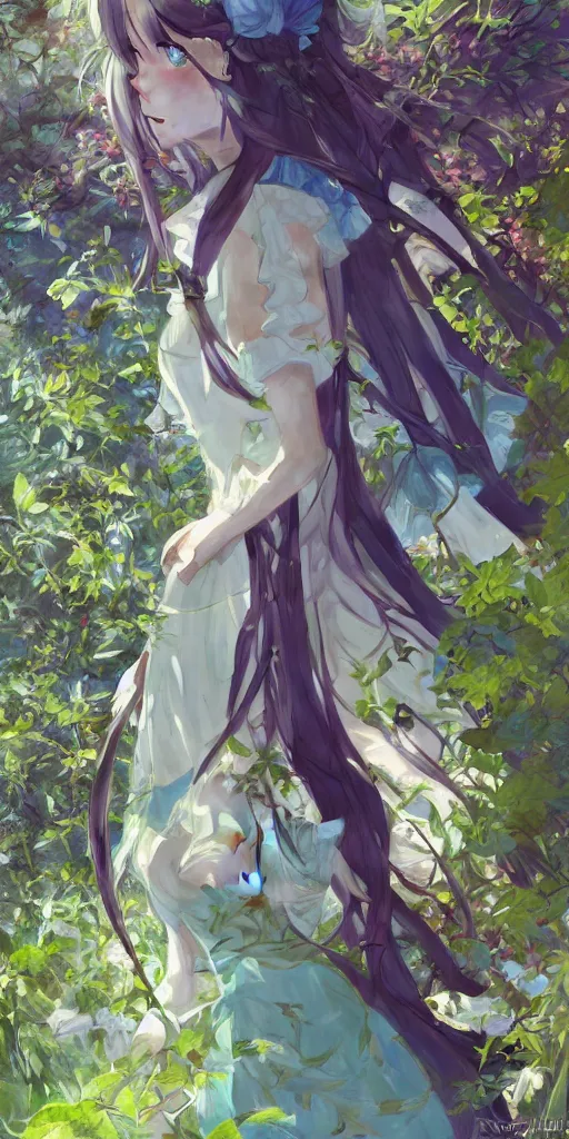 Prompt: a loli with long hair in a dress in the privet garden at after noon, green and warm theme, blue accents, low angle, back lighting, highly detailed, 4 k resolution, trending on art station, by krenz cushart and mucha and akihito yoshida and greg rutkowski