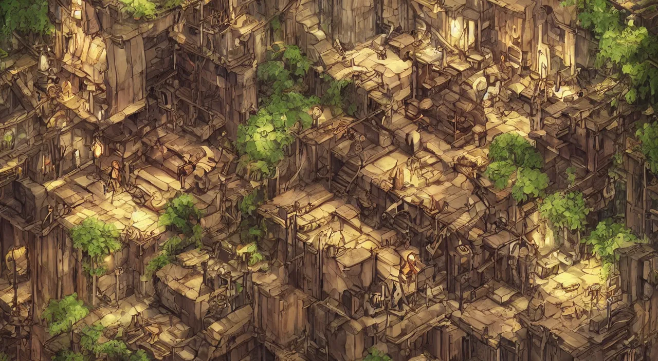 Prompt: open door wood wall fortress airship greeble block amazon jungle vanillaware fanart arstation by sung choi and eric pfeiffer and gabriel garza and casper konefal