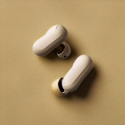 Image similar to a single beige truly wireless earbud with gold accents, beige case, studio, product photo