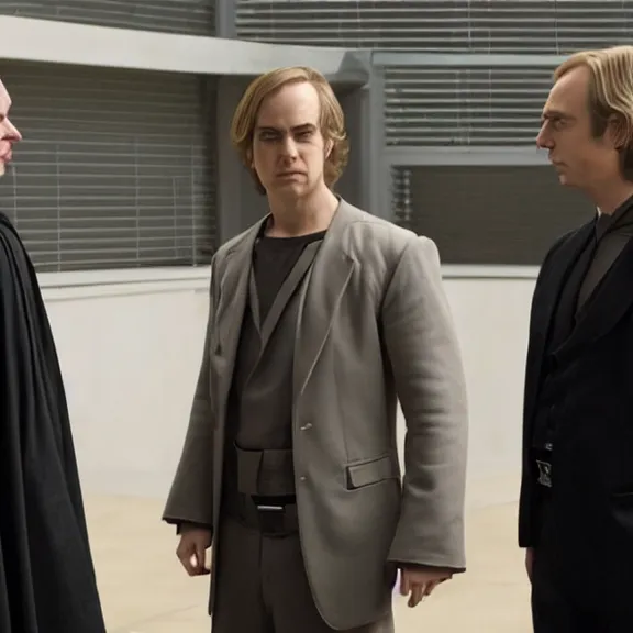 Prompt: anakin skywalker played by hayden christensen wearing jedi robes is talking to lawyers saul goodman played by bob odenkirk wearing a suit and kik wexler played by rhea seehorn in court, better call saul court scene 1 0 8 0 p, jimmy mcgill in court, court session images, realistic faces