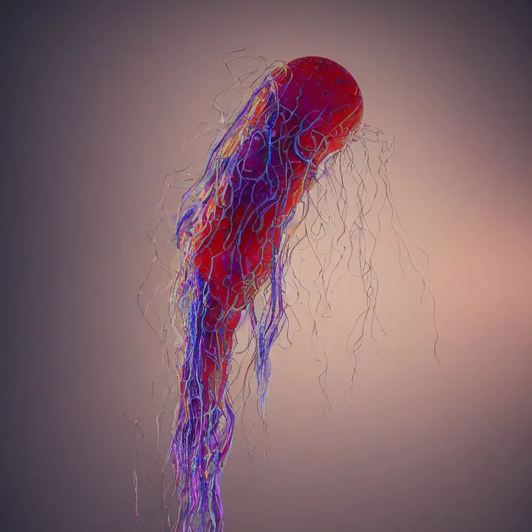 Image similar to octane render portrait by wayne barlow and carlo crivelli and glenn fabry, beautiful hypnotic colorful blobs of paint suspended in oil, strange jellyfish made out of iridescent plastic, backlit, dramatic lighting, fog and mist, cinema 4 d, ray traced lighting, very short depth of field, bokeh