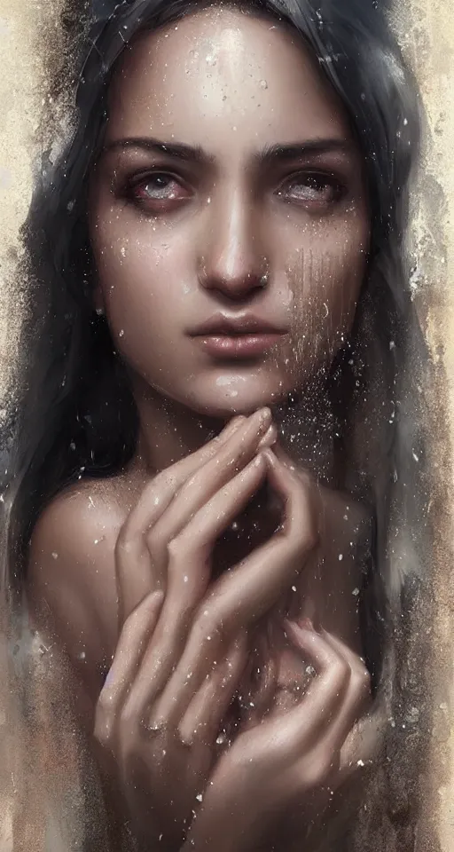 Image similar to The most beautiful arabian girl in the world crying water, portrait ,digital art,ultra realistic,ultra detailed, ultra wide Lens, art by greg rutkowski