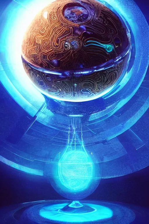 Prompt: a movie still of an ancient futuristic ethereal globe with digital modifications surrounded by a underwater ink pour and flowing liquid gallium and complex sacred geometry, powerful, cinematic, beautifully lit, by john howe, by beeple, by artgerm, by karol bak, by brian froud, 3 d, trending on cgsociety, octane render, 8 k
