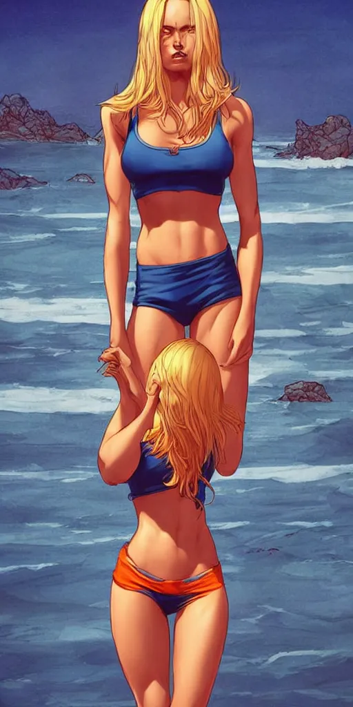 Image similar to a gorgeous hulking beast of a woman with very long hip-length blonde hair, wearing a cut-off white top and orange cut-off shorts standing by the water, in the style of artgerm and moebius and annie liebovitz, marvel comics, photorealistic, highly detailed, trending on artstation