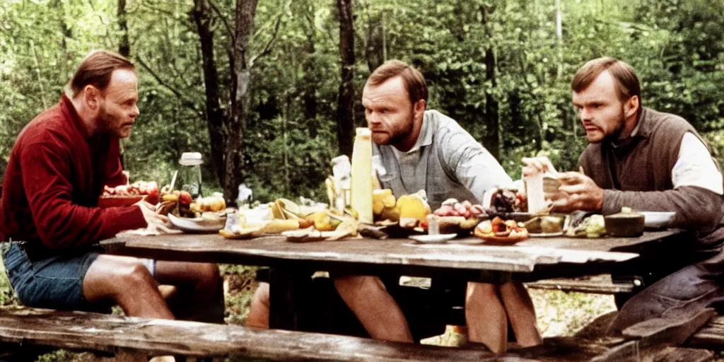 Prompt: photo of anthony hopkins and jeffrey dahmer sitting at a picnic table eating delicious fruit, hd