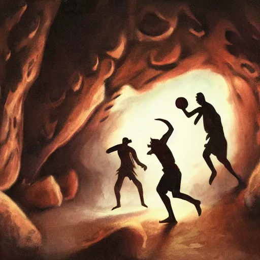 Image similar to matte painting of cavemen playing basketball inside cave at night, cave lit by torch light, stalagmites