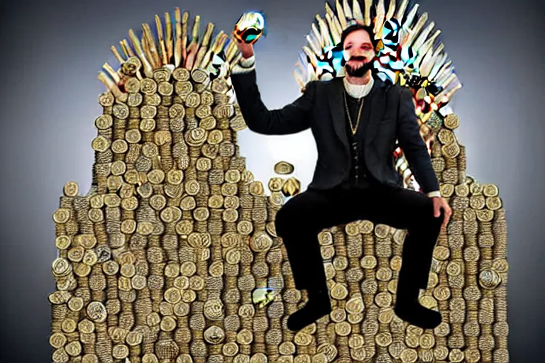 Image similar to man sitting, on a throne made of money, coins and dollars, in the style of game of thrones