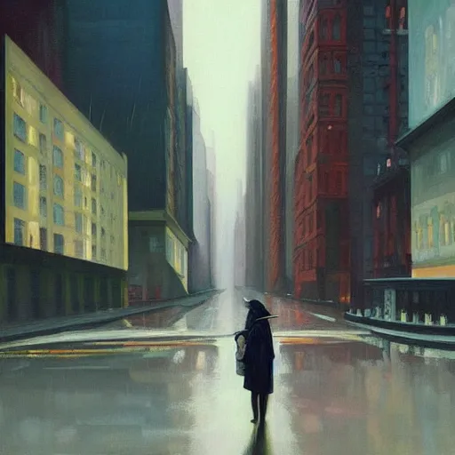 Image similar to “ a girl holding a cat in futuristic new york city, ghostpunk, heavy rain, high detail, oil painting, by edward hopper ”