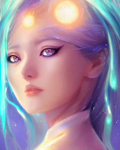 Image similar to A realistic anime portrait of a beautiful cosmic woman with glowing blue eyes and cosmic skin wearing clothes made of universes, digital painting, by Stanley Artgerm Lau, Sakimichan, WLOP and Rossdraws, digtial painting, trending on ArtStation, SFW version