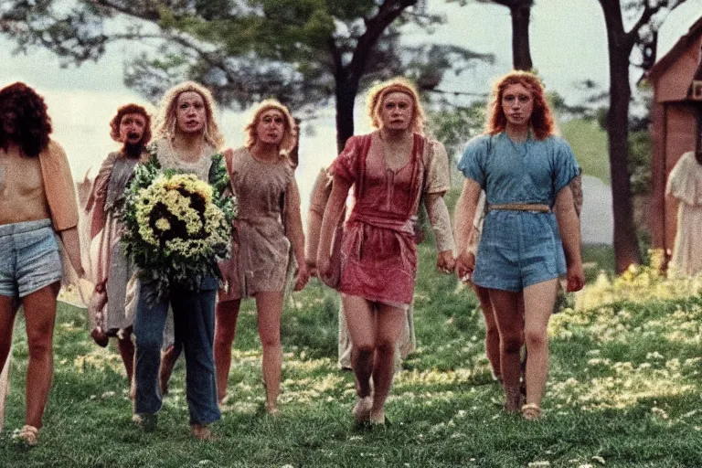 Image similar to vhs 1 9 8 0 s cinema footage of a scene from the movie midsommar directed by ari aster, vintage film grain