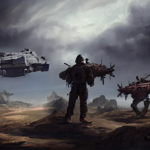 Image similar to a person standing, admiring two war machines fighting, digital art, matte painting, fantasy at, trending on Artstation