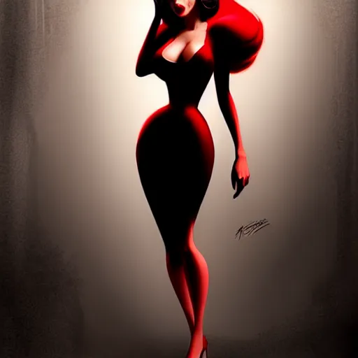 Prompt: realistic noir jessica rabbit red dress, character portrait, sharp, digital matte painting, art by luis royo, greg rutkowski, wlop, dramatic lighting, trending on artstation