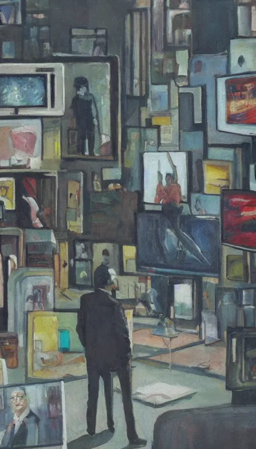 Image similar to television screens glare out from every angle, detailed painting of a man standing in a city with his eyes open but everyone else has their eyes closed