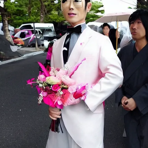 Prompt: a flamboyant japanese man that has had lots of plastic surgery, wears lots of makeup and has smooth skin wearing a wedding dress