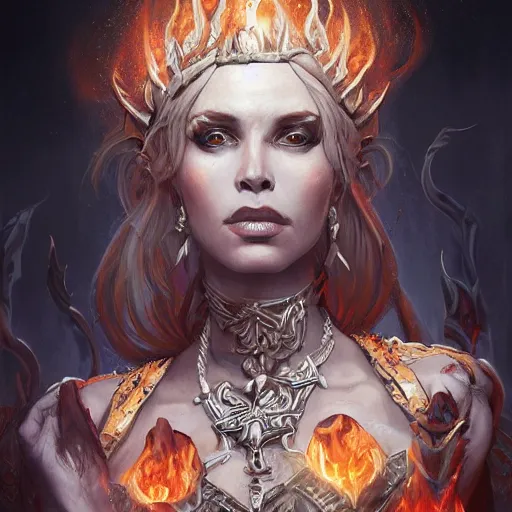 Image similar to Closeup of realistic Sumerian Death Queen with small bones covering vest and flowing fire and smoke , fantasy, intricate, elegant, highly detailed, digital painting, artstation, concept art, matte, sharp focus, illustration, hearthstone, art by Artgerm and Greg Rutkowski and peter mordenbacher