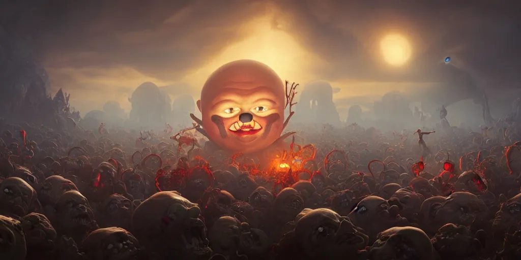 Image similar to samuel jacksons face on spongebobs body battling a horde of clown faced aliens, digital art, landscape, fantasy art, octane render, unreal engine, high detail, very realistic, by greg rutkowski. by james gurney