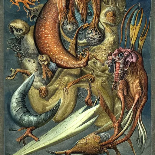 Image similar to bestiary of creatures from the depths of the unconscious psyche