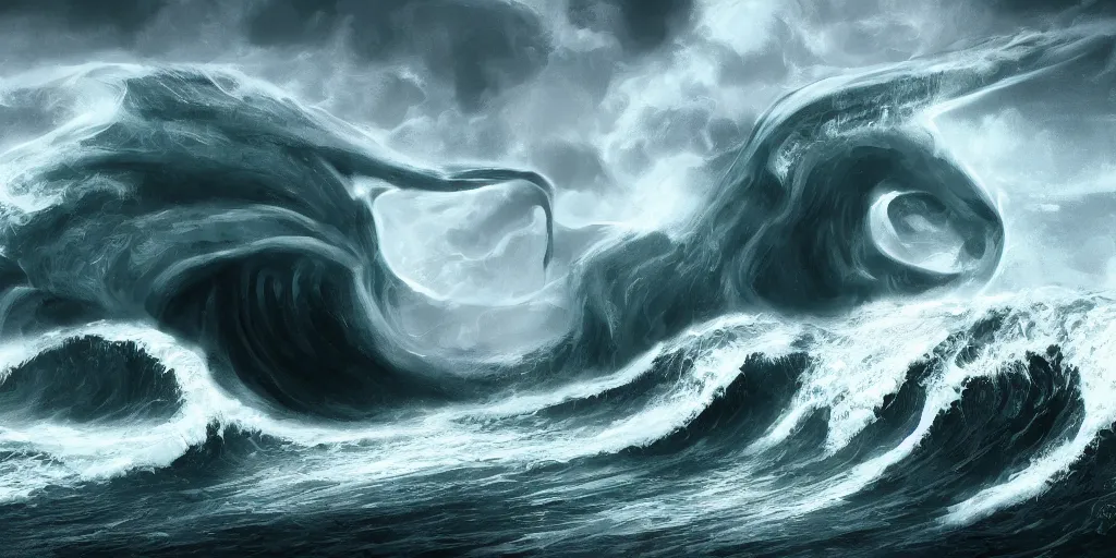 Image similar to giant waves surrounding a beach with Cthulhu inside of them, digital art, 4k