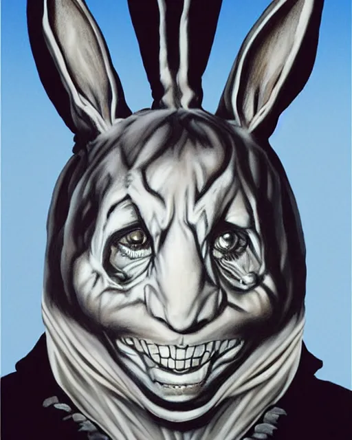 Prompt: frank halloween rabbit mask in donnie darko, airbrush, drew struzan illustration art, key art, movie poster