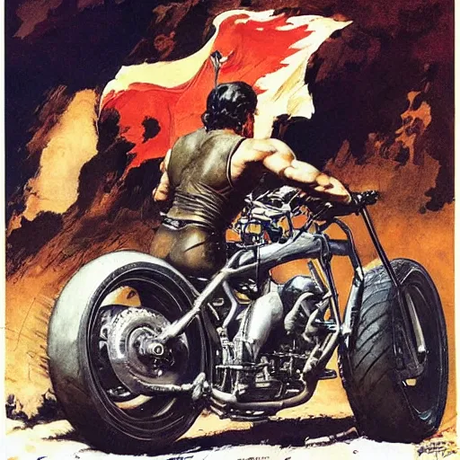 Image similar to into glory ride, artwork by Frank Frazetta, motorcycle, muscular man