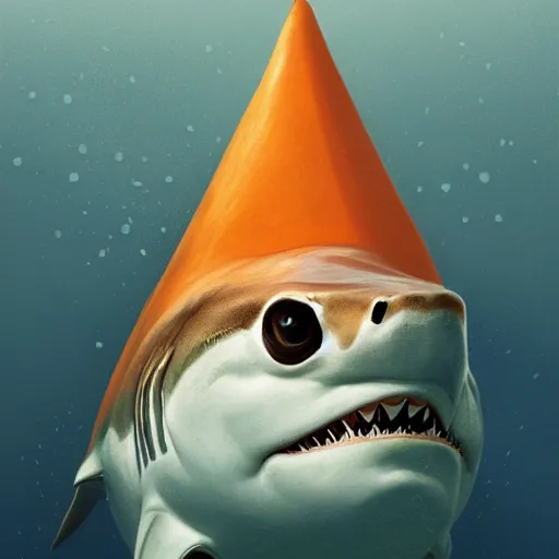 Image similar to orange and white traffic cone great white shark eyes and teeth teeth teeth teeth teeth, cute, beautiful, wide shot, underwater background detailed atmospheric - ron cheng & alphonse mucha, highly detailed, digital painting, ray tracing, concept art, illustration, smooth sharp focus, intricate, symmetry, artstation,