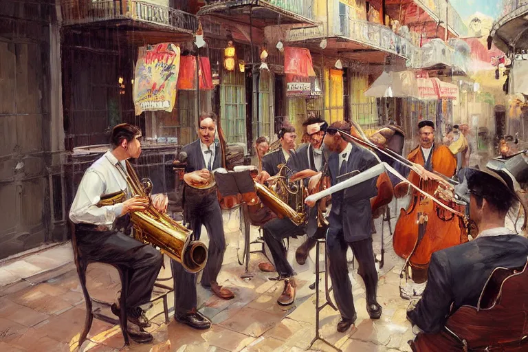 Image similar to a painting of a group of men playing instruments, a jazz band in new orleans, by rossdraws, wlop, greg rutkowski, ghibli