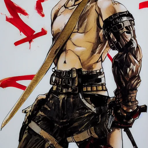 Image similar to portrait of a young white hero using his right arm to grip a katana that is covering his eye by yoji shinkawa, high quality, extra details, realism, ornate, colored, golden chain, blood, white skin, short hair, brown eyes, vivid, sunlight, red headband, black eyepatch, white american soldier, painting, cybernetics, military