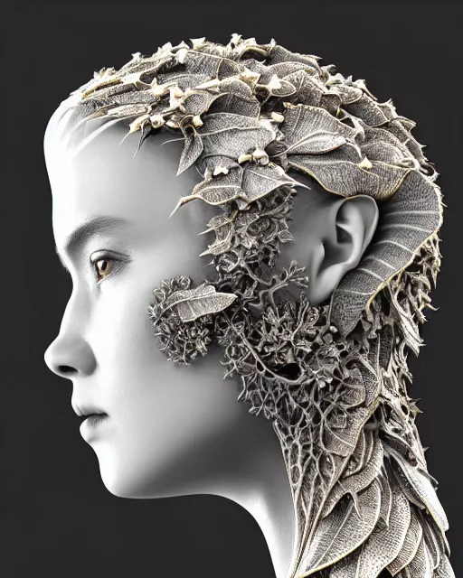 Prompt: bw close - up profile face, black background, beautiful porcelain vegetal dragon cyborg young female, 1 5 0 mm, beautiful natural soft rim light, silver gold details, magnolia leaves and stems, roots, fine lace, mandelbot fractal, elegant, ultra detailed, white metallic armour, octane render, h. r. giger style