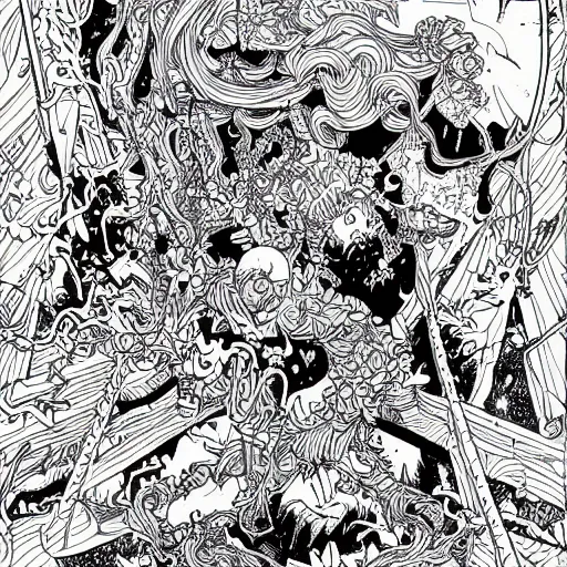 Prompt: a coloring page of a weird dream by James Jean and Dan Mumford and Strongstufftom and Adi Granov