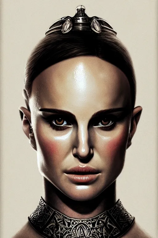 Prompt: portrait, natalie portman, battle warrior, lord of the rings, tattoos, decorative ornaments, greg rutkowski, perfect face, fine details, realistic shading, photorealism