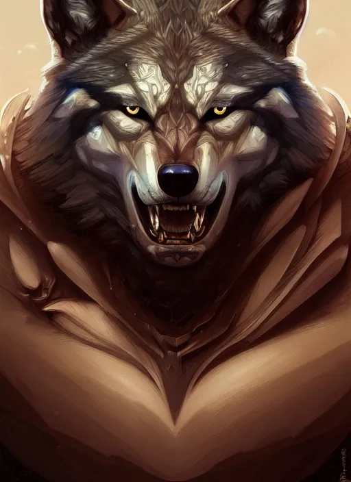 Prompt: portrait of aggressive wolf humanoid, d & d, muscular! fantasy, intricate, elegant, highly detailed, digital painting, artstation, concept art, smooth, sharp focus, illustration, art by artgerm and greg rutkowski and alphonse mucha