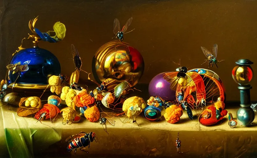 Image similar to beautiful colorful oil painting dutch golden age vanitas still life with gorgeous fututistic objects shiny transparent surfaces shiny metal insects rachel ruysch dali todd schorr very detailed perfect composition rule of thirds masterpiece chiaroscuro canon 5 0 mm, cinematic lighting, photography, retro, film, kodachrome