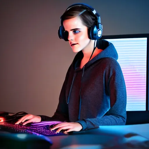 Image similar to model emma watson rgb keyboard wearing a gaming headset wearing hoodie sitting on gaming chair at desk dramatic lighting controller award winning photo