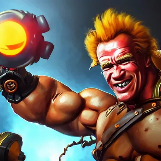 Image similar to a screenshot of arnold schwarzenegger as junkrat in overwatch holding bomb, portrait, fantasy, beautiful face, vivid colors, elegant, concept art, sharp focus, digital art, hyper - realistic, 4 k, unreal engine, highly detailed, hd, dramatic lighting by brom, trending on artstation