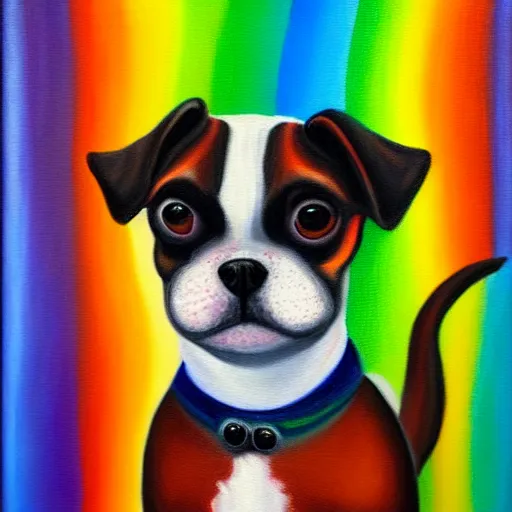 Prompt: a little dog going on a rainbow, oil painting, post modern, hyperrealism