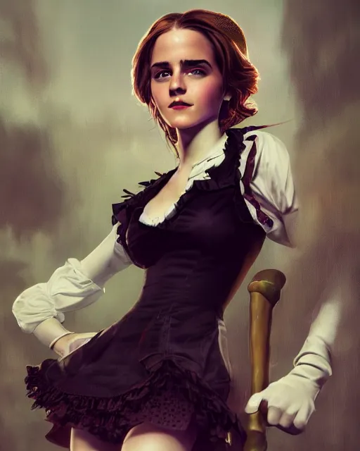 Prompt: full shot portrait painting of very beautiful emma watson standing hot!! black maid in stockings, character design by mark ryden and pixar and hayao miyazaki, unreal 5, daz, hyperrealistic, octane render, cosplay, rpg portrait, dynamic lighting, intricate detail, harvest fall vibrancy, cinematic