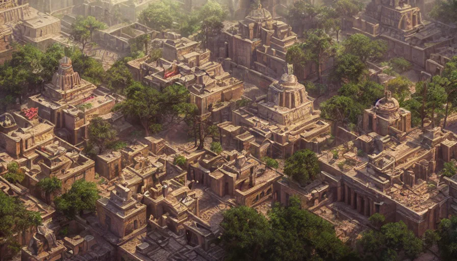 Image similar to very very small aztec city, by ilya kuvshinov, rtx rendering, octane render 1 2 8 k, maya, extreme high intricate details by tom bagshaw, medium shot, close up shot, composition by sana takeda, lighting by greg rutkowski