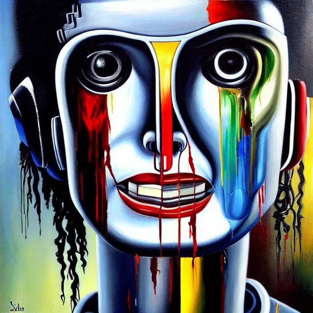 Image similar to a beautiful painting cyberpunk robot michael jackson bloody face, by salvador dali realistic oil painting