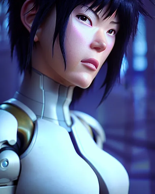 Image similar to weta disney pixar movie still portrait photo of motoko kusanagi ghost in the shell : : as cyborg woman by pixar : : by weta, wlop, ilya kuvshinov, rossdraws, artgerm, marvel, maxim cover, latex, octane render, sweaty, iridescent, bright morning, anime, liosh, mucha : :