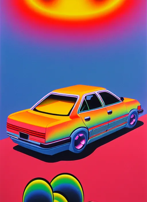 Image similar to cute burning wrecked ford taurus by shusei nagaoka, kaws, david rudnick, airbrush on canvas, pastell colours, cell shaded, 8 k