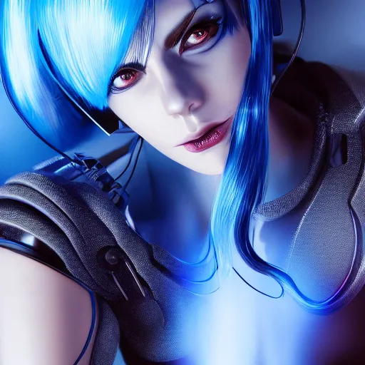 Image similar to a beautiful woman with blue hair wearing robot suit with wires and light, highly detailed, photorealistic, artstation, smooth